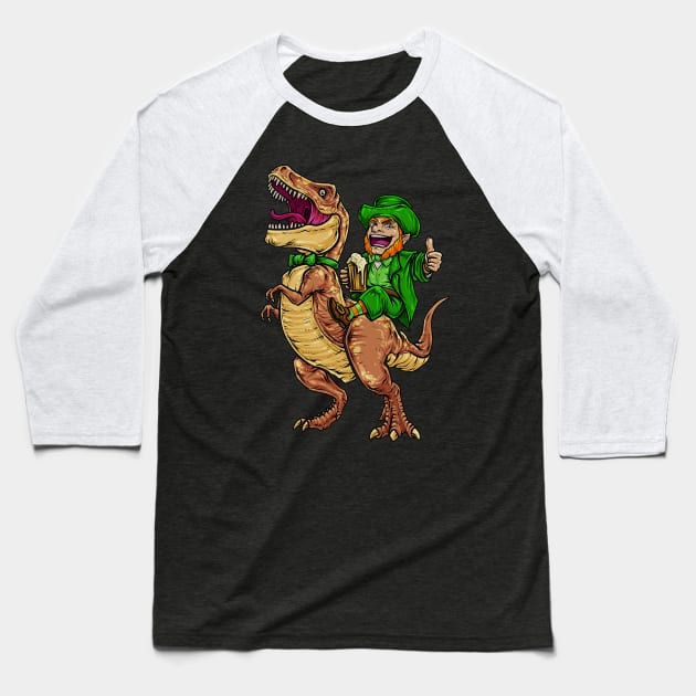 Leprechaun Riding Dinasour T Rex St Patrick Day Men Baseball T-Shirt by webster